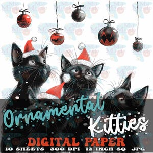 Ensemble de 10 images de chatons décoratifs avec des chapeaux de père Noël en papier numérique à découper et à coller pour tenir un journal de chats noirs fantaisistes sous des décorations d'arbre