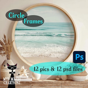 May include: A round wooden frame with a beach scene inside. The image features a sandy shore, turquoise water, and a light blue sky. Text on the image says "Circle Frames" and "12 pics & 12 psd files". A black cat decorates the bottom left.