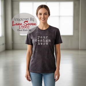 Cloud Black T-Shirt Mockup Inspired by Lane Seven LS002 | Woman in Modern Loft