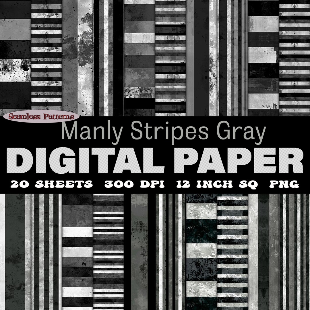 Manly Line Pattern Manly Stripes Gray Digital Paper Set of 20 Downloadable Seamless ...