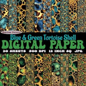 Juego de 20 papeles digitales con diseño de caparazón de tortuga en formato jpg, sin costuras, lavados en azul y verde, 300 dpi, descarga instantánea para manualidades, corte y collage.