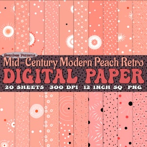 Confezione da 20 carte digitali Retro Peach di metà secolo, modello moderno, immagini PNG scaricabili senza soluzione di continuità a 300 dpi / SVG per scrapbooking e sublimazione