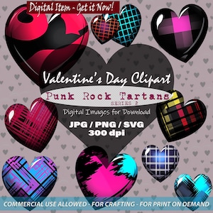 Clipart coeurs funky Saint-Valentin, images punk rock en forme de coeur pour la génération X, lot de 16 fichiers numériques PNG 300 dpi coupés et collage