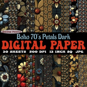 Set di 20 fogli di carta digitale con motivi floreali scuri Boho anni '70, download di motivi retrò senza soluzione di continuità, bundle JPG e SVG / diario spazzatura mid mod