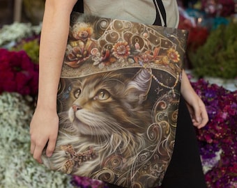 Woven Tote with Cat in a Fancy Hat or Closeup Cat's Eye, book bags reusable grocery sacks for bookish kitty stans feline fans work or travel
