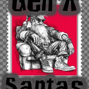 May include: Illustration of Santa Claus wearing sunglasses and sneakers, seated in a chair. The image has a red background and the text "Gen X Santas" in a stamp-like design.
