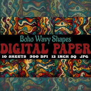 Set di 10 fogli di carta digitale Boho Wavy Shapes, download di motivi retrò senza soluzione di continuità, bundle JPG e SVG, colori ricchi di toni gioiello.