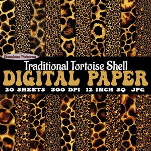 Puede incluir: Colección de papeles digitales con patrones tradicionales de caparazón de tortuga en tonos marrón y dorado. La imagen incluye el texto "Traditional Tortoise Shell DIGITAL PAPER" y detalles como "20 SHEETS 300 DPI 30.48 cm SQ JPG".