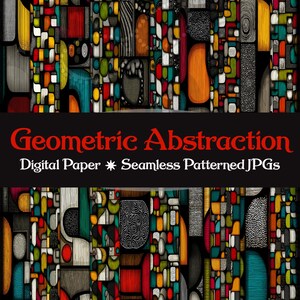 Peut inclure: Un motif de papier numérique coloré avec une abstraction géométrique. Le motif présente diverses formes et couleurs, notamment le rouge, le jaune, le vert et le bleu, sur un fond noir. Le texte "Geometric Abstraction" est affiché en rouge.