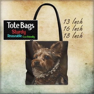 Elizabethan Yorkie Dog Lover Tote Bags in 3 Sizes 13 16 18 inch | for terrier lovers grocery or book bag beach or travel carry-all dog stans