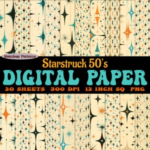 Set di 20 fogli di carta digitale Starstruck anni '50, modelli retrò senza soluzione di continuità scaricabili, era anni '50 e '60, bundle JPG e SVG / junk journaling