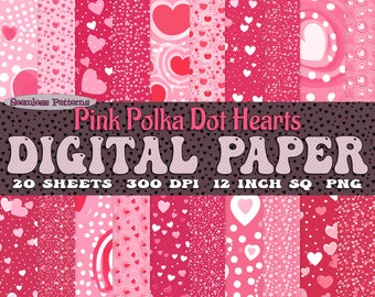 May include: A digital paper pack with 20 sheets of pink and white polka dot heart patterns. The patterns are seamless and perfect for crafting, scrapbooking, and other creative projects. The paper is 300 DPI and 12 inches square.