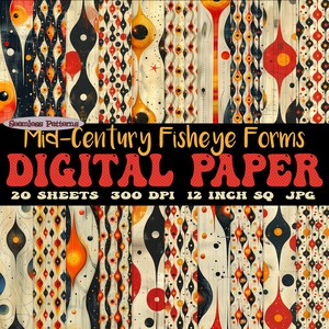 Fisheye Forms, set di 20 fogli di carta digitale con forme moderne di metà secolo, motivi retrò senza soluzione di continuità scaricabili, bundle JPG e SVG anni '50
