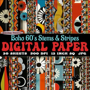 Set di 20 fogli di carta digitale Boho Stems & Stripes anni '60, modelli retrò senza soluzione di continuità scaricabili, bundle JPG e SVG / diario spazzatura mid mod