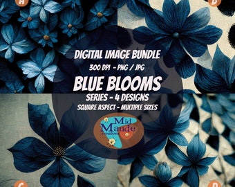 Blue Blooms Series Set of 4 Digital Download Pics Printable Mid-Century Modern PNG Bundle Rich Color blue floral prints | for Home or Office