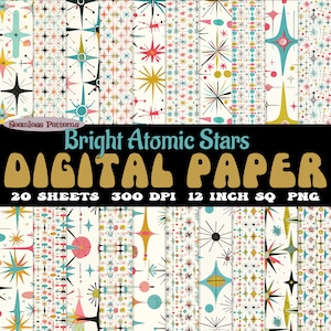 Set di 20 modelli digitali di stelle atomiche luminose di metà secolo, in formato PNG scaricabile, senza soluzione di continuità, in stile moderno, con un rapporto di 300 dpi/SVG. Stelle, googies