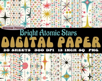 Op de afbeelding: Een set van 20 digitale papieren met felle, kleurrijke atoomster-patronen in tinten geel, blauw, roze en rood. De papieren zijn 30,5 cm vierkant en 300 DPI.