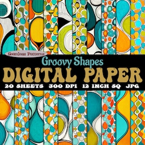 Carta digitale Groovy Shapes Mid-Century Modern, pacchetto di 20 immagini jpg, motivi senza soluzione di continuità scaricabili a 300 dpi per decorazioni retrò, progetti