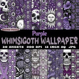 May include: A selection of purple Whimsigoth digital wallpaper designs featuring skulls, floral patterns, cat motifs, and sun-faced imagery. The image text states "Purple Whimsigoth Wallpaper, 20 Sheets, 300 DPI, 30.48 cm Sq JPG."