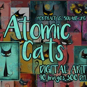 Puede incluir: Un collage de impresiones de arte digital con ilustraciones estilizadas de gatos negros sobre diversos fondos. El texto "Atomic Cats" es prominente, junto con "Digital Art" y detalles de la imagen.