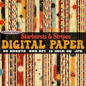 Starbursts & Stripes, confezione da 20 carte digitali moderne di metà secolo, immagini di motivi senza soluzione di continuità scaricabili in formato PNG retrò, bundle SVG, foto dell'era atomica