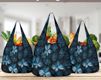 Mid Maude Flowers Blue Blooms Image A | 3 Pack of Grocery Bags Reusable Shopping Tote Set