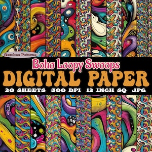 Set di 20 modelli digitali senza soluzione di continuità Boho Loopy Swoops su carta digitale / per l'arredamento shabby chic della camera del dormitorio, estetica psichedelica anni '70