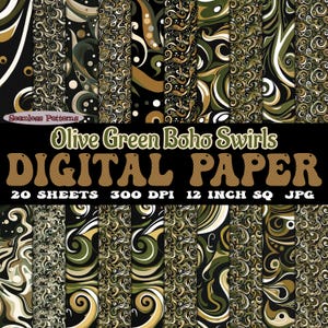 Carta digitale con motivi boho verde oliva, senza soluzione di continuità, set di 20 immagini jpg scaricabili a 300 dpi / per arredamento boho per dormitori e case, anni '70