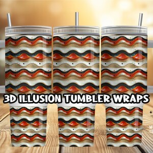 Può includere: Un set di sei bicchieri in acciaio inossidabile con coperchi e cannucce. I bicchieri presentano un motivo ondulato ripetuto nei toni del beige, rosso, nero e bianco. Il testo "3D ILLUSION TUMBLER WRAPS" è visualizzato in basso.