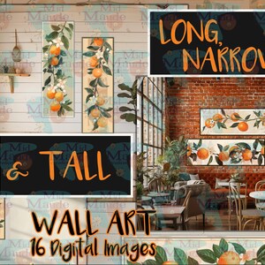 May include: A digital download of 16 printable wall art images featuring orange blossoms and fruit. The images are available in both long and narrow, and tall and narrow formats. The text "LONG, NARROW" and "& TALL" is displayed on the image.