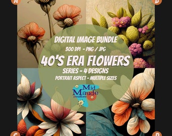 Mid Maude 40's Flowers Series Set of 4 downloadable digital files | Printable Art Mid-Century Modern Florals | for Walls Totes Blankets Bags