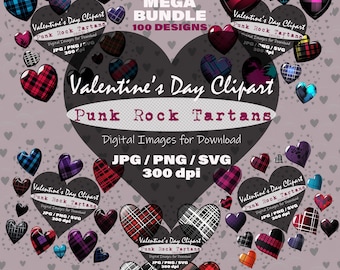 Punk Rock Tartan Herzen Mega Bündel | Valentinstag Herzform SVG-Clipart-Set von 100 herunterladbaren PNG-Bildern in 300 dpi