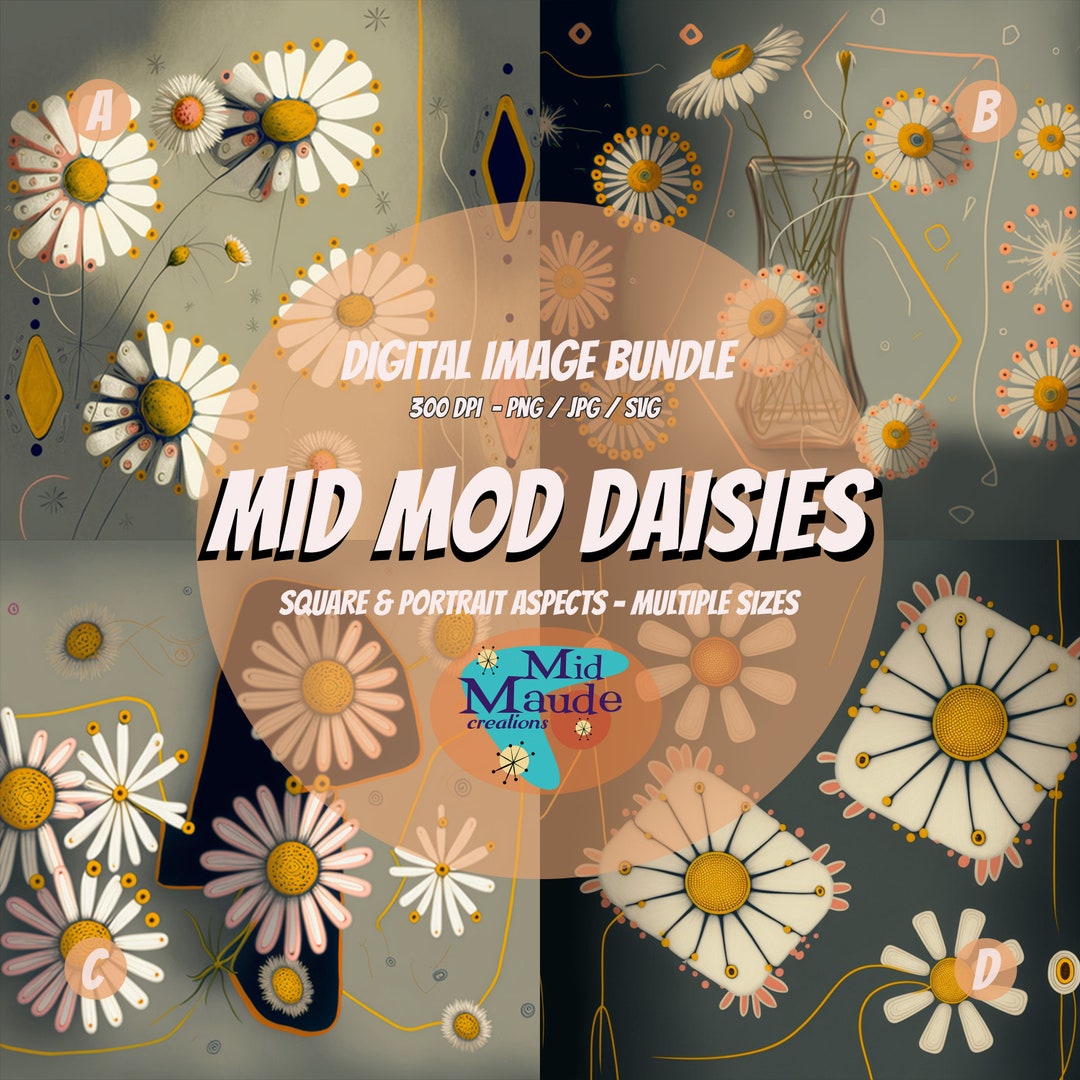 Mid Mod Daisies Series Set of 4 Digital Images Printable Bundle Mid ...