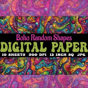 Set di 10 fogli di carta digitale Boho Random Shapes, download digitali quadrati da 12 pollici, bundle JPG e SVG / diario spazzatura hippy trippy colorato