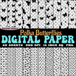 May include: 20 digital paper sheets featuring a seamless pattern of black butterflies on a white background. The butterflies are arranged in a polka dot pattern. Each sheet is 12 inches square and 300 DPI.