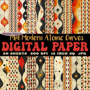 Set di 20 fogli di carta digitale "Atomic Curves" con forme moderne di metà secolo, motivi retrò senza soluzione di continuità scaricabili, bundle JPG e SVG anni '50