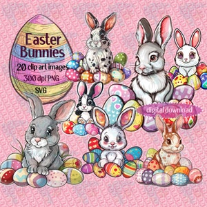 Easter Bunnies clip art mega bundle set of 50 downloadable digital images in 300 dpi PNG & SVG | for decorating, junk journaling, diy prints
