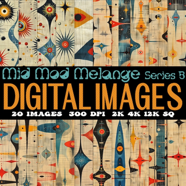 Set of 20 mid-century modern retro images PNG bundle | for printing, junk journals, digital backgrounds and paper | Mid Mod Mélange Series B