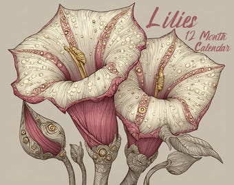 Op de afbeelding: Een geïllustreerde kalender met twee lelies met witte en roze bloemblaadjes, gedetailleerd met ingewikkelde lijnen en waterdruppels. De tekst "Lilies 12 Month Calendar" wordt weergegeven in een gestileerd lettertype, tegen een neutrale achtergrond.