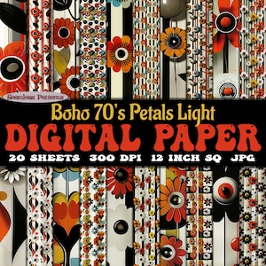 Set floreale Boho anni '70 Petals Light di 20 fogli di carta digitale, download di motivi retrò senza soluzione di continuità, bundle JPG e SVG / diario spazzatura mid mod