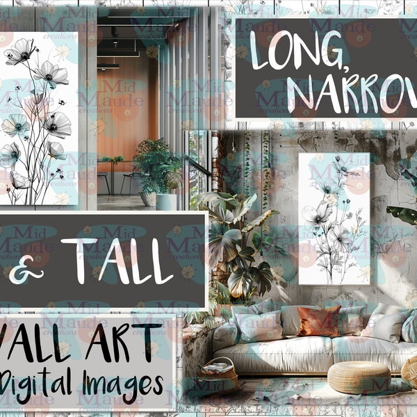 Black & White Blooms Long Narrow Tall Digital Art Series Set of 32 unique floral decor images JPG bundle for boho shabby chic Home or Office