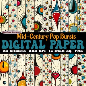 Pacchetto di 20 immagini digitali Pop Bursts retrò in formato jpg scaricabili, modello senza soluzione di continuità in SVG a 300 dpi, immagini Mid-Century Modern per la stampa