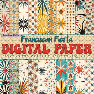 Franciscan Fiesta, set di 20 fogli di carta digitale in stile moderno di metà secolo, con motivi retrò senza soluzione di continuità scaricabili, bundle JPG e SVG degli anni '50 e '60