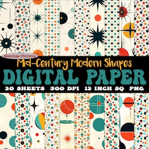Pacchetto di 20 immagini di carta digitale con forme moderne di metà secolo, modello senza soluzione di continuità, PNG retrò scaricabili, 300 dpi / SVG, starburst atomic age