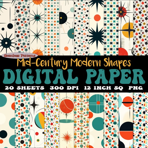 Mid-Century Modern Shapes digital paper pack of 20 retro png downloadable seamless pattern images 300 dpi  | SVG bundle starburst atomic age