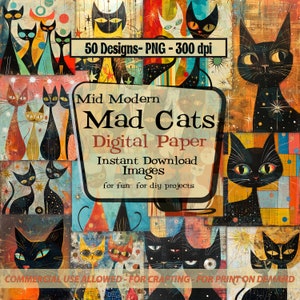 Méga lot Mad Cats Mid-Century Modern de 50 pages papier numériques téléchargeables PNG en 300 dpi | pour le scrapbooking, le journalisme indésirable, la décoration