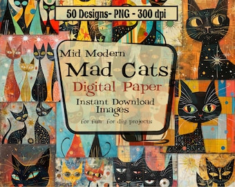 Mid-Century Modern Mad Cats mega bundle set of 50 PNG downloadable digital paper pages in 300 dpi | for scrapbooking, junk journaling, decor