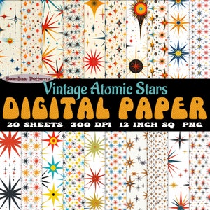 Set di 20 modelli digitali di stelle atomiche vintage in stile moderno di metà secolo, scaricabili in formato PNG senza soluzione di continuità, 300 dpi / SVG, stelle, googies
