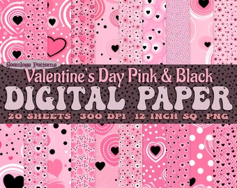 May include: A collection of pink and black digital papers with various patterns, including hearts, polka dots, and swirls. The text reads "Valentine's Day Pink & Black DIGITAL PAPER" with details about the sheets, resolution, and size.