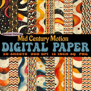 Set di 20 fogli di carta digitale Mid Century Motion, modelli retrò senza soluzione di continuità scaricabili, anni '50 e '60, bundle JPG e SVG / diario spazzatura